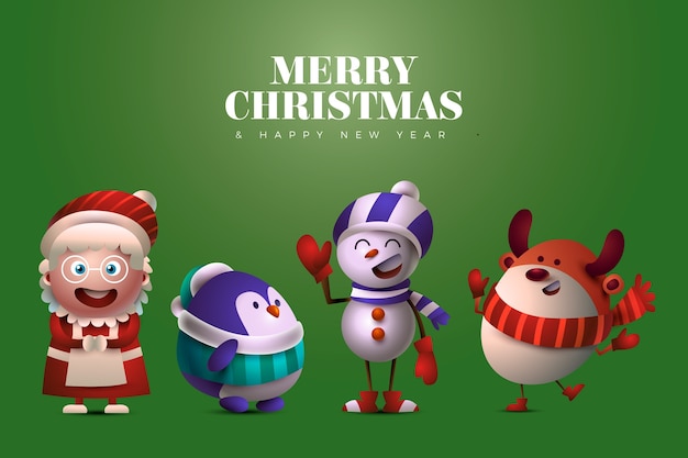 Funny christmas characters on green background
