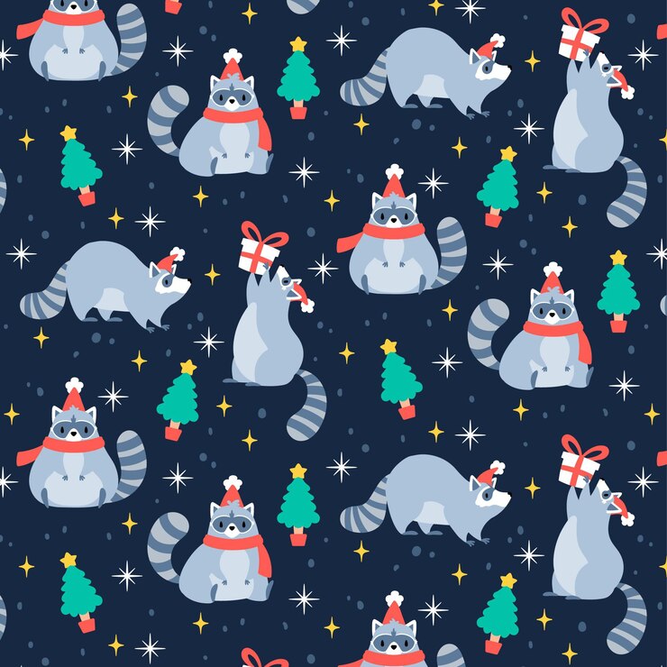 Free Vector funny christmas pattern with raccoon