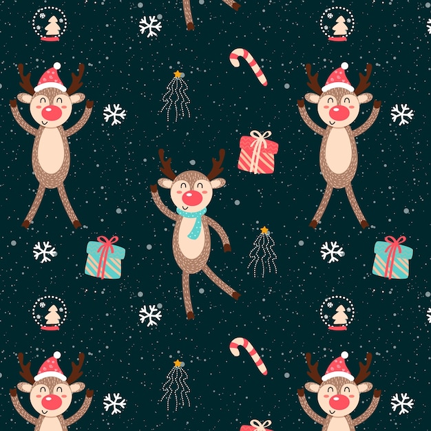 Funny christmas pattern with reindeer and gifts