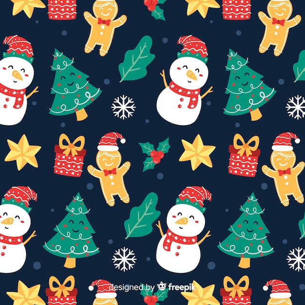 Free vector funny christmas pattern with snowmen and gifts