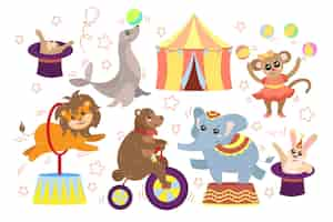 Free vector funny circus animals doing tricks cartoon illustration set. monkey juggling balls, bear riding bike, elephant standing on stage, rabbit sitting in hat, lion jumping over circle. magicians concept