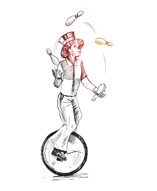 Funny clown juggling balls while riding unicycle performance one wheeled bicycle Vector illustration