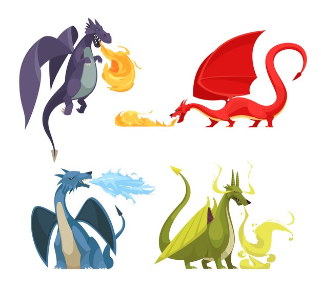 Смешные красочные огнедышащие драконы 4 иконки концепции с мультяшный фиолетовый красный зеленый синий монстров