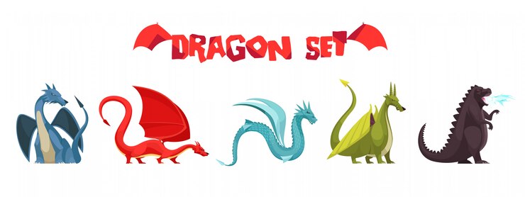 Free Vector funny colorful fire breathing dragons monsters weird snake like creatures flat cartoon icons set isolated