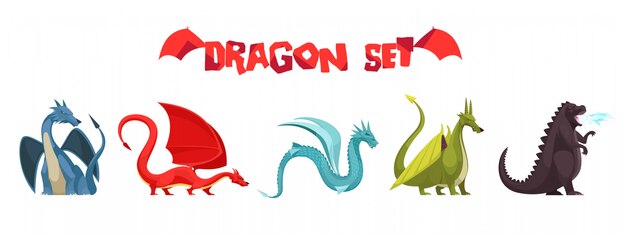 Смешные красочные огнедышащие драконы монстры странные змеиные существа плоские мультфильм иконки набор изолированных