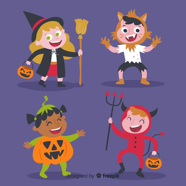 Vettore gratuito set di bambini costume di halloween divertente e carino