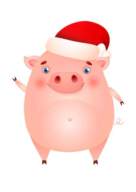Funny cute pig in Santa hat waving hoof