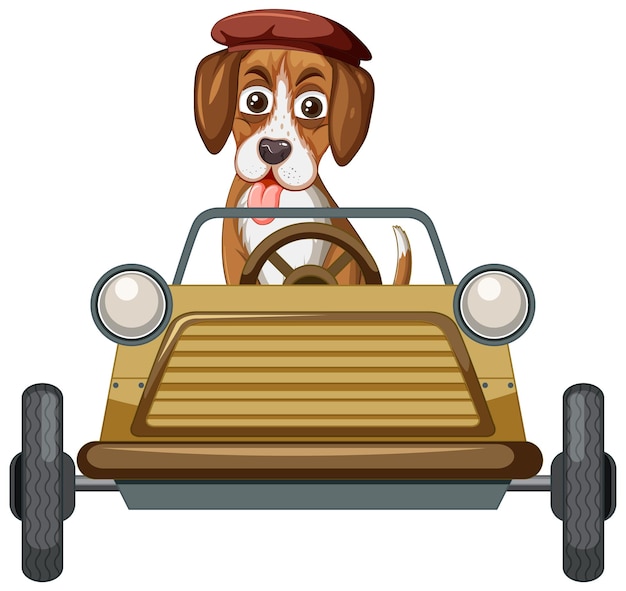 Free vector funny dog cartoon character driving car on white background