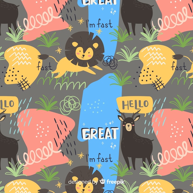 Free vector funny doodle animals and words pattern