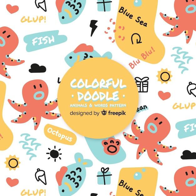 Funny doodle animals and words pattern