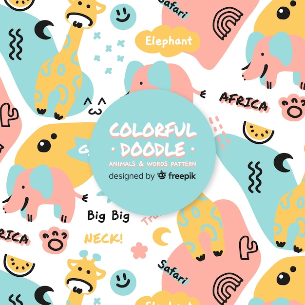 Vettore gratuito animali divertenti doodle e pattern di parole