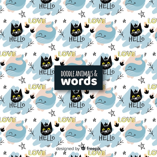 Funny doodle animals and words pattern