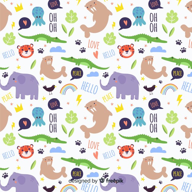 Funny doodle animals and words pattern