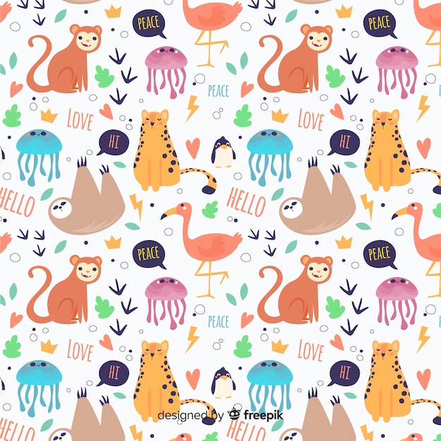 Vettore gratuito animali divertenti doodle e pattern di parole