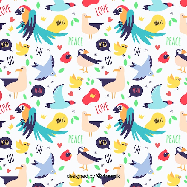 Funny doodle birds and words pattern