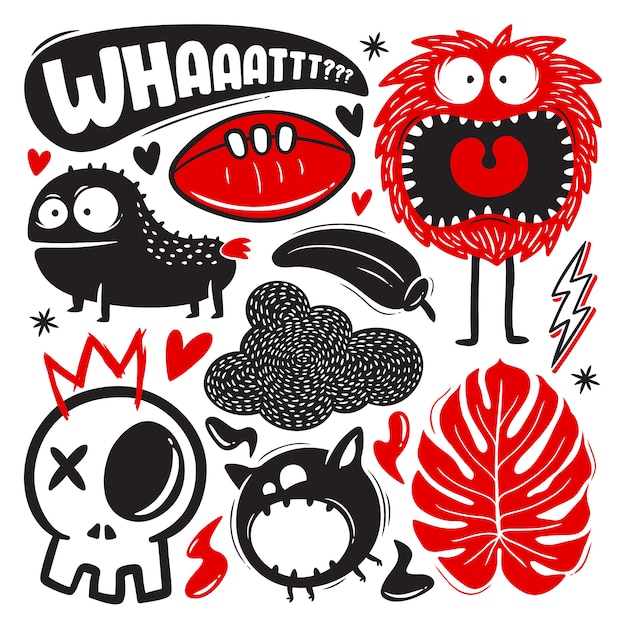 Free vector funny doodles with monsters set