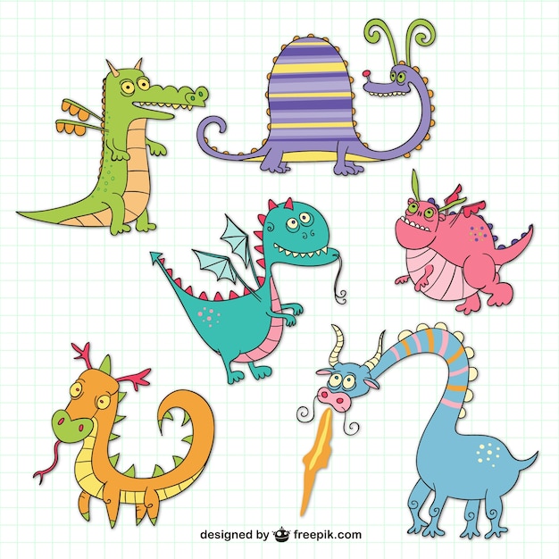 Free vector funny dragons drawings