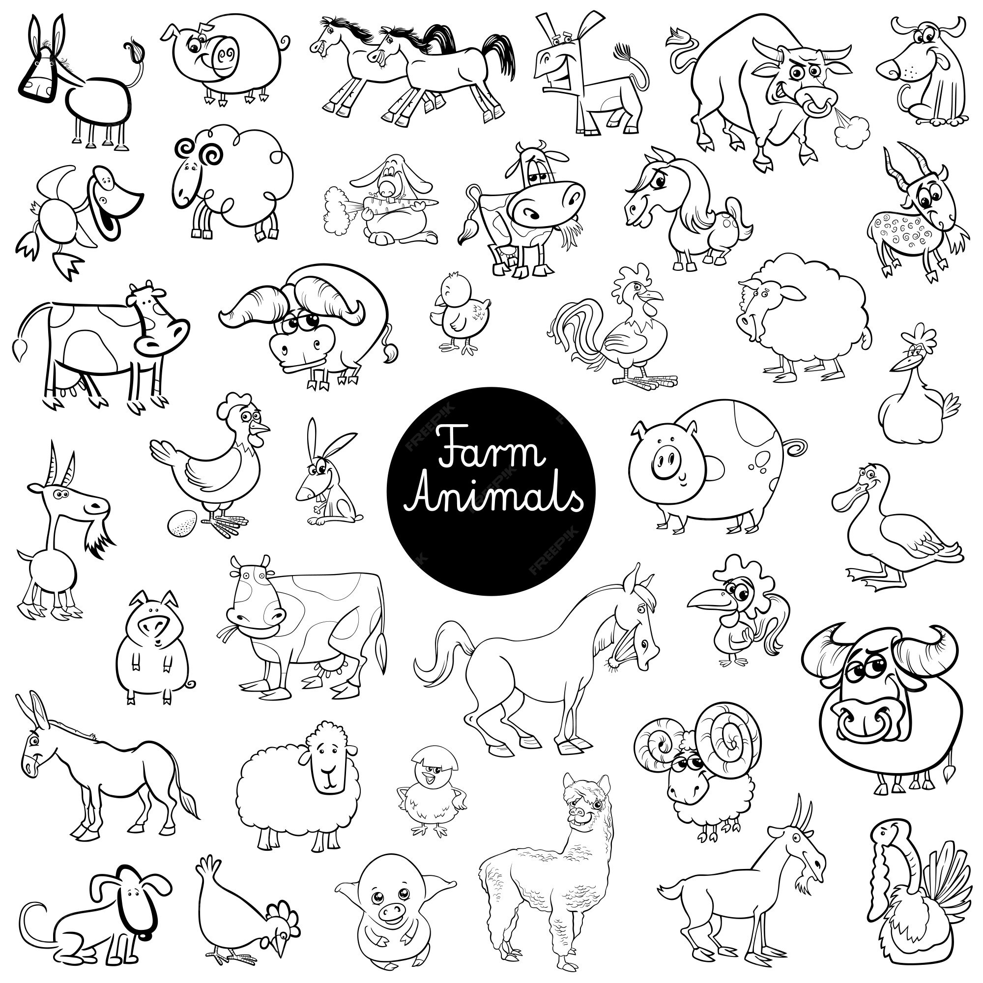 Premium Vector | Funny farm animal characters set color book