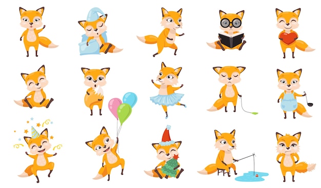 Funny foxes set. Cute cartoon animal in different poses and actions, red fox sleeping, cooking, walking, fishing, reading book, celebrating birthday. For mobile app design, character for kids concept