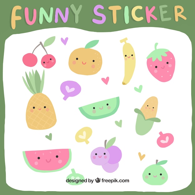 Free vector funny fruit stickers with hand drawn style