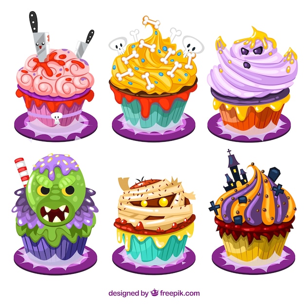 Бесплатное векторное изображение Смешные хэллоуин кексы в мультяшном стиле
