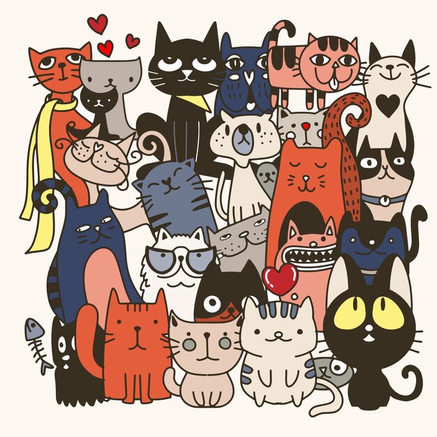 面白い手描き猫 愛らしい子猫と動物イラスト プレミアムベクター