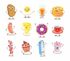 Free vector funny happy characters of morning food set. vector illustrations of cute menu for restaurant, cafe or home. cartoon fried eggs and bacon, donut, bread, sausage isolated on white. breakfast concept