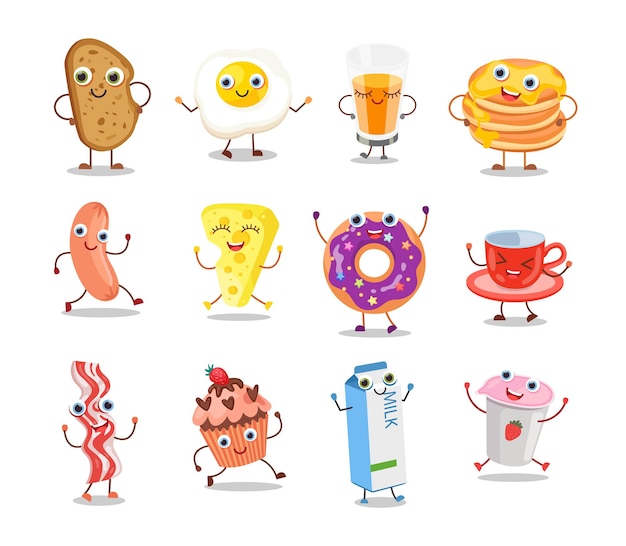 Funny happy characters of morning food set. Vector illustrations of cute menu for restaurant, cafe or home. Cartoon fried eggs and bacon, donut, bread, sausage isolated on white. Breakfast concept