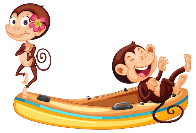 풍선 보트에 재미 있는 작은 원숭이