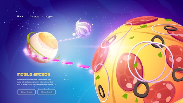 Funny mobile game banner with food planets in outer space