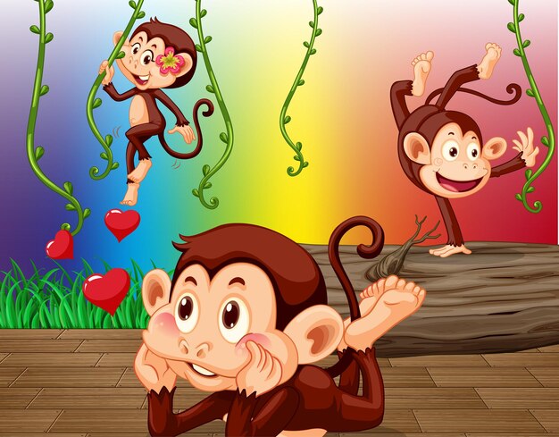 Funny monkeys hanging on liana on rainbow gradient background