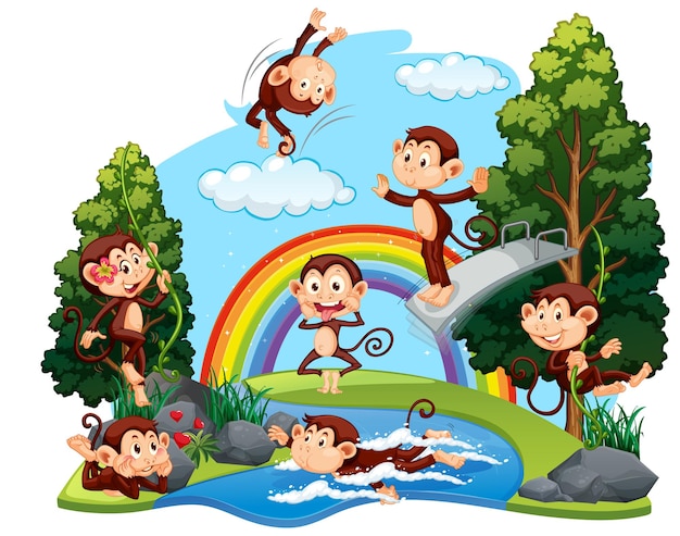 Funny monkeys playing in the forest