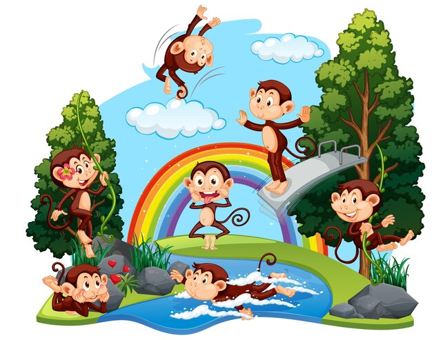Забавные обезьяны играют в лесу