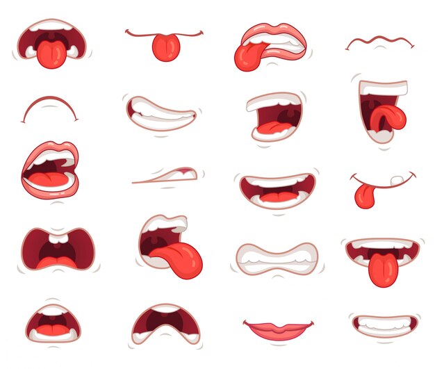 Funny mouths. facial expressions, cartoon lips and tongues.