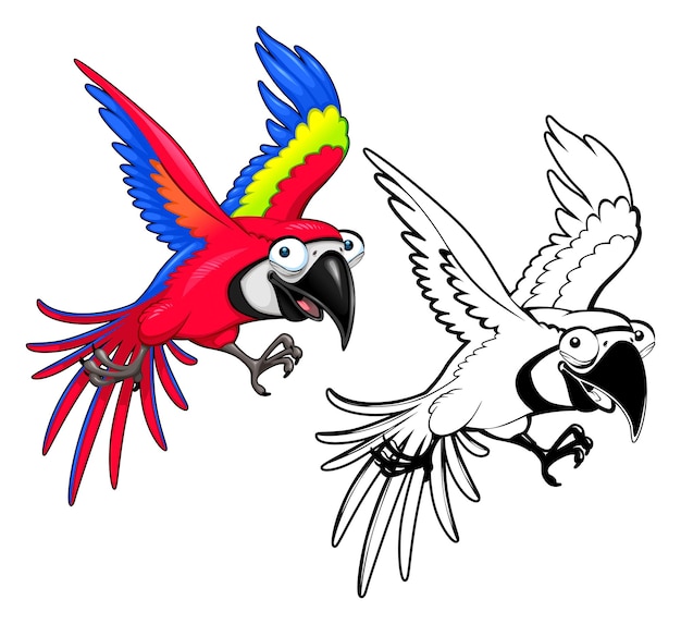 Vettore gratuito pappagallo divertente sia nella versione colorata che in quella bianca nera