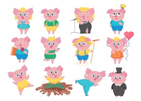 Funny pigs cartoon characters set. flat collection of little cute animals in various situations, singing, eating, dancing, having fun. happy piglet concept.