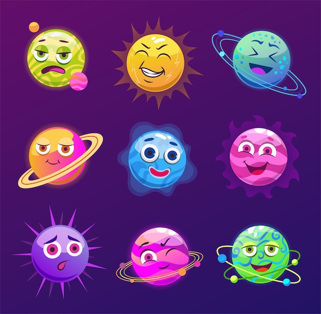 Funny planets with faces cartoon illustrations set