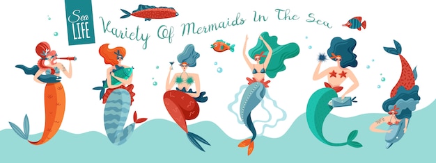 Funny playful sexy mermaids in sea waves with underwater world creatures horizontal ocean life banner 