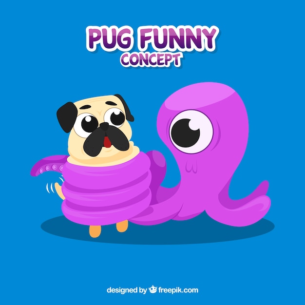 Free vector funny pug with octopus