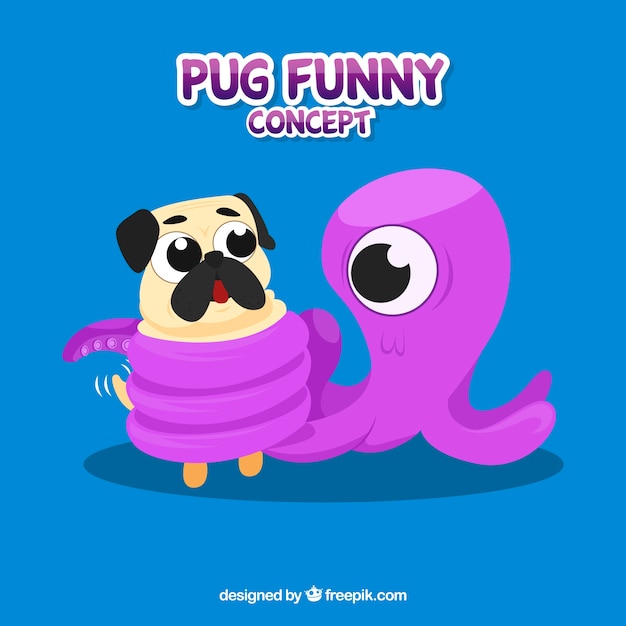 Funny pug with octopus