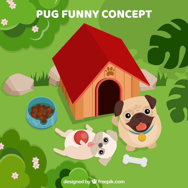 Free vector funny pugs playing in the garden