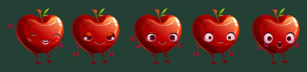 面白い赤いリンゴ フルーツ キャラクター顔絵文字セット