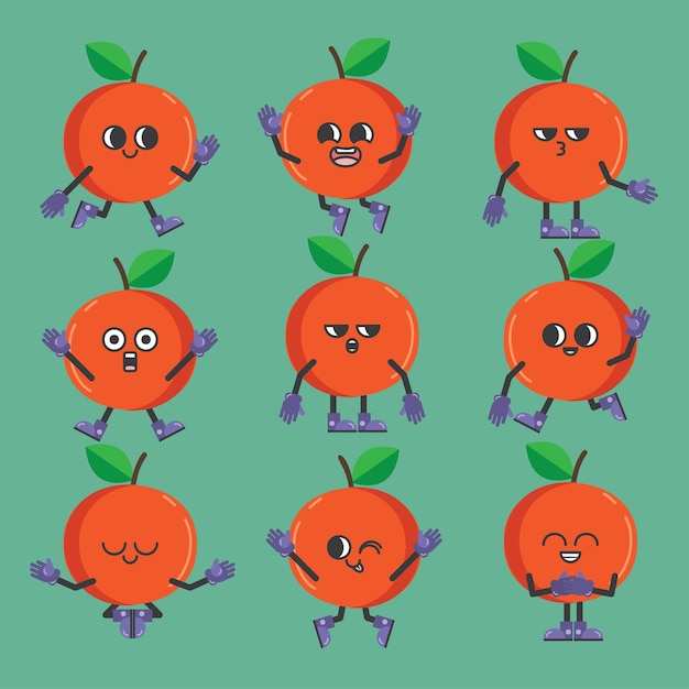 Free vector funny set of fruit in cartoon character in various gestures orange in comic for graphic designer vector illustration