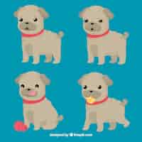 Free vector funny set of pug puppies