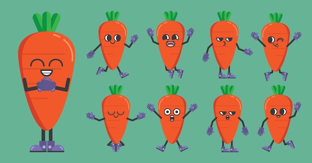 Funny set of vegetable in cartoon character in various gestures carrot with different emotion in comic style for graphic designer vector illustration