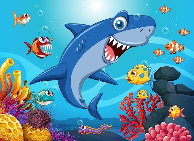 Funny shark with sea animals in the ocean