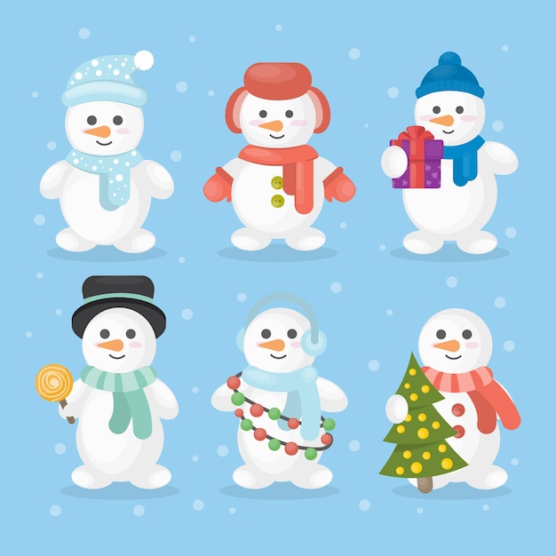 Free vector funny snowmen set snowmen in different outfits like hat and scarf with christmas tree