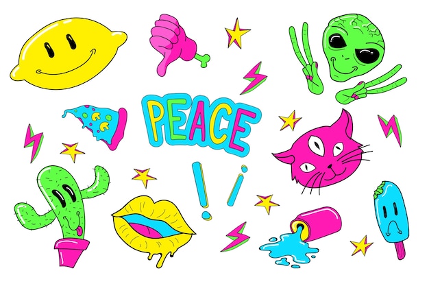 Free vector funny sticker collection with acid colors