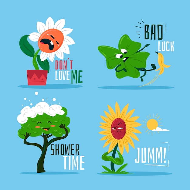 Free vector funny stickers collection of nature plants