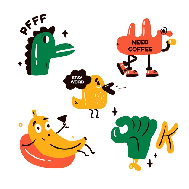 Free vector funny stickers collection with faces and arms